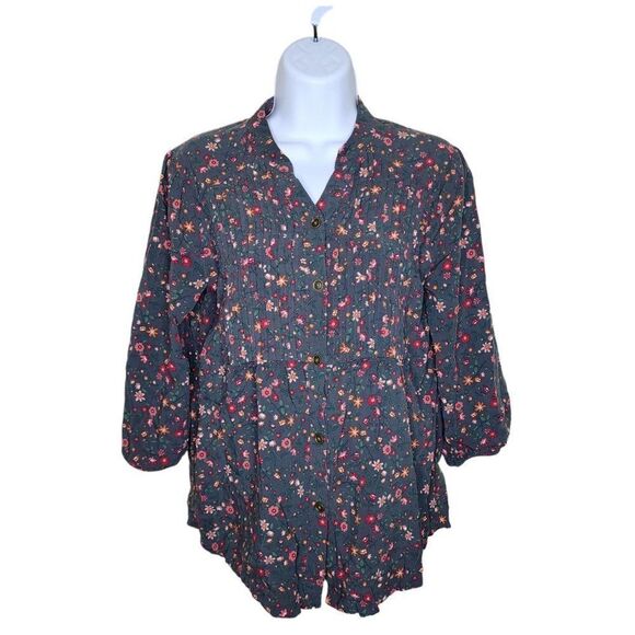 Matilda Jane Peasant Tunic Top Womens Size S Gray Floral Pintuck - Picture 1 of 4